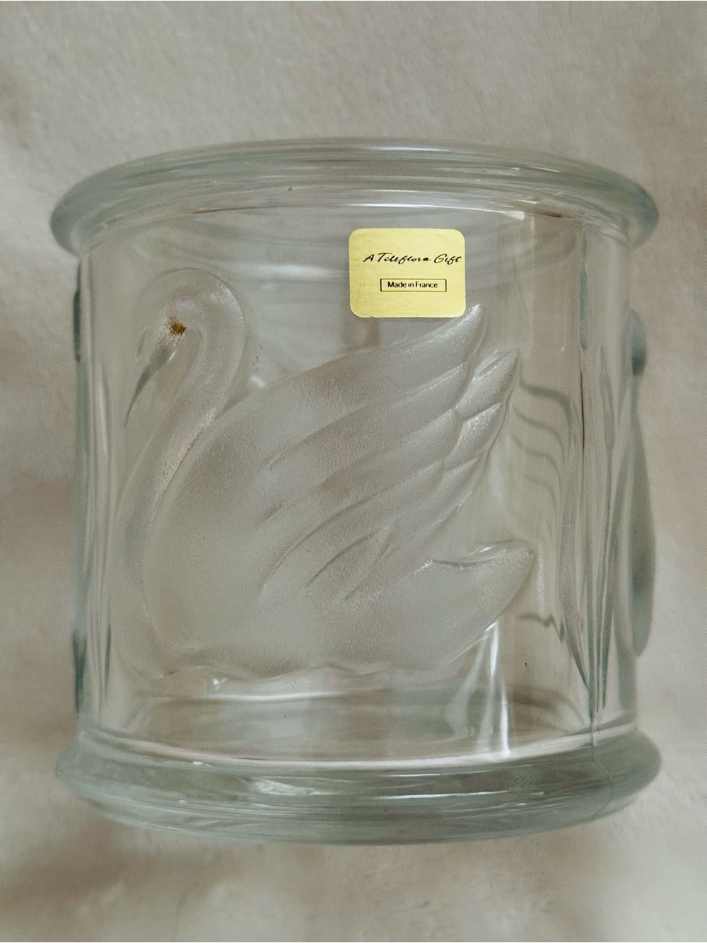 Gloria Vanderbilt Swan Glass Jar with Lid for TELEFLORA Embossed Signed Clear